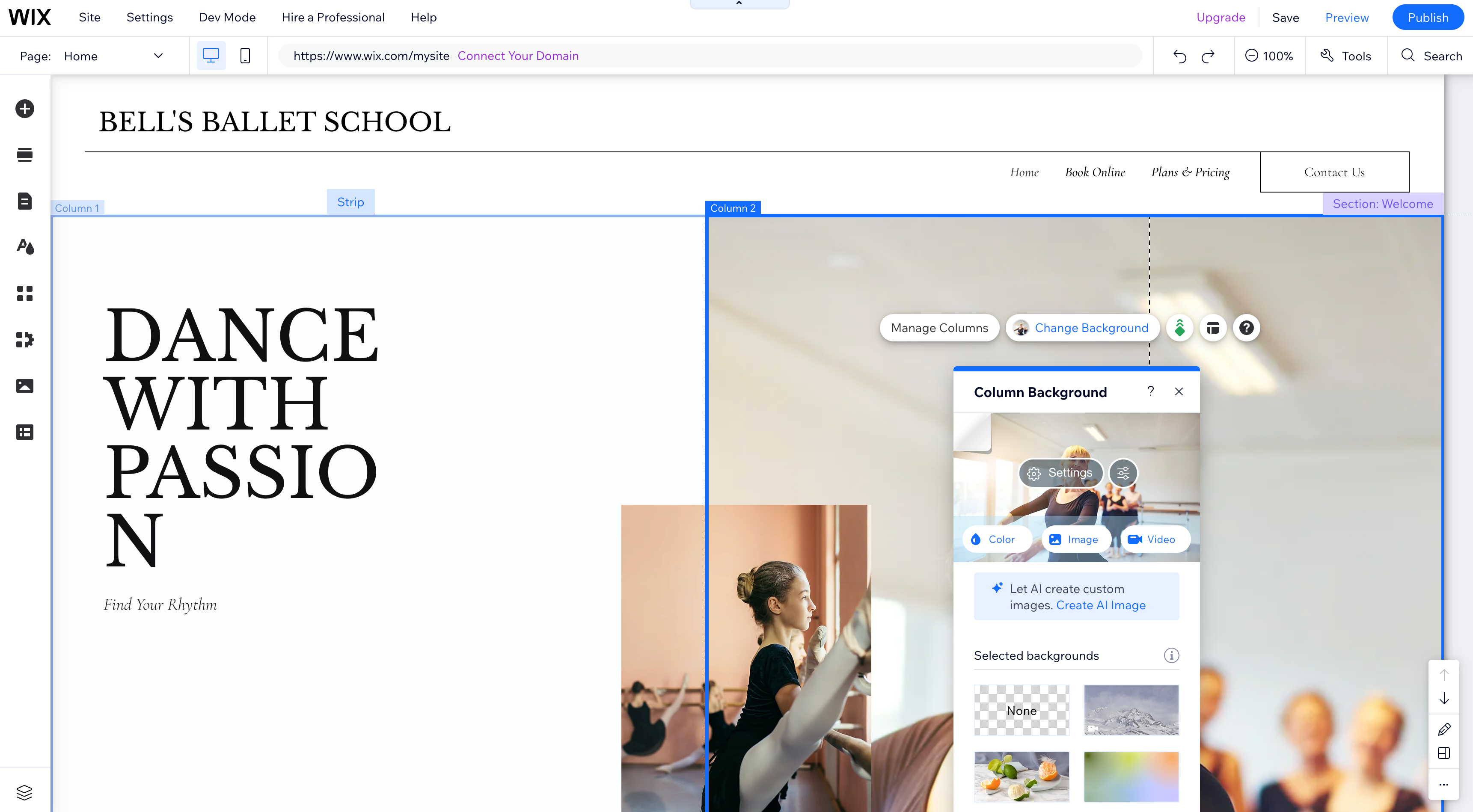 Wix Editor workspace from the official site-building guide