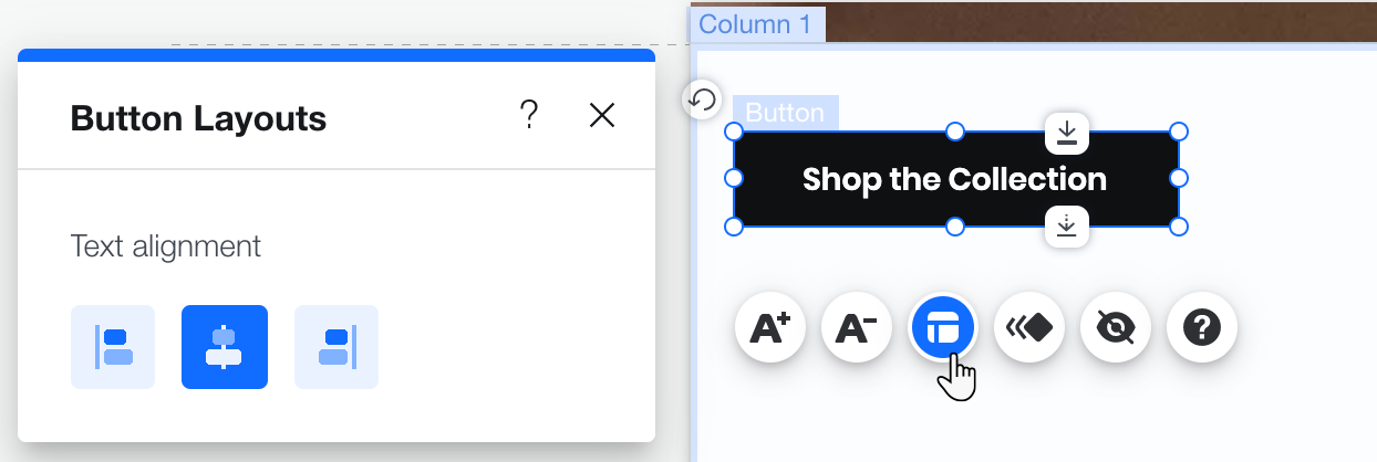Wix mobile Editor showing a button and its layout settings